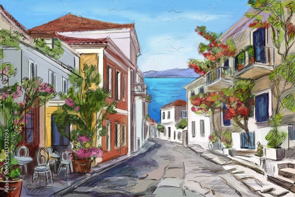 Fototapeta premium sunny seaside in Greece. painted hands.