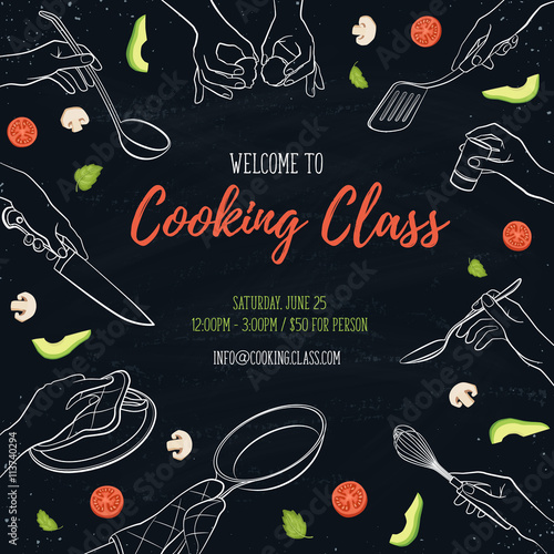 Cooking class flayer template. Cooking hands outlines on chalkboard. Frame from woman hands holding kitchen tools.  