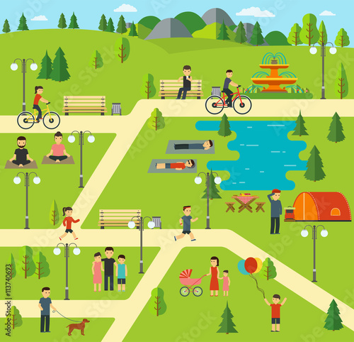 Urban public park, Camping in the park, picnic, biking, walking the dog in park, yoga sessions, family holiday in nature.
