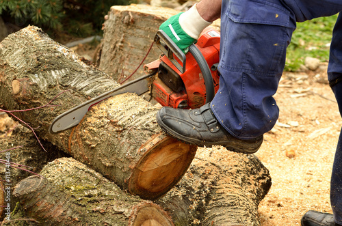 Man with chainsaw cutting the wooden log