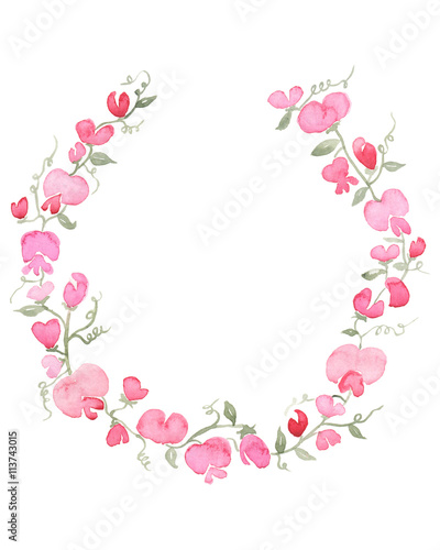 Fotografie Sweetpea flower watercolour wreath - handpainted pink watercolour wreath of pret