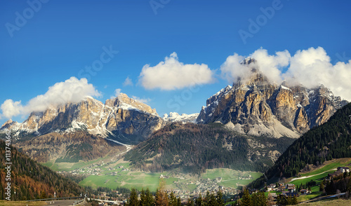 Amazing scenery of Dolomites, Italian Alps, view with village