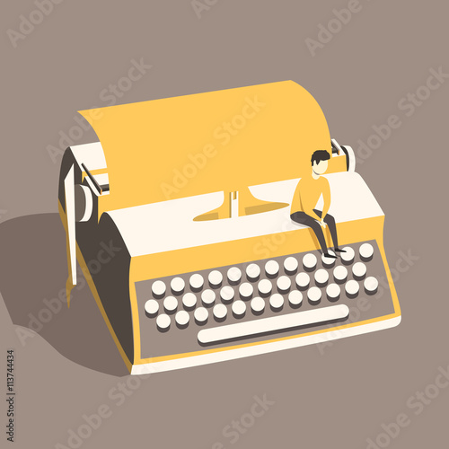 Man on vintage typewriter. Vector illustration. Isolated background