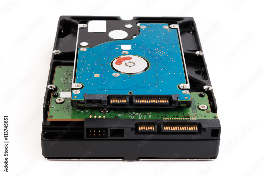 Close up of hard disk's internal mechanism hardware Close up of hard disk's internal mechanism hardware