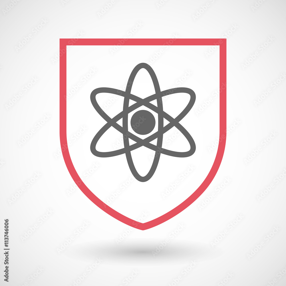 Isolated line art shield icon with an atom Isolated line art shield icon with an atom