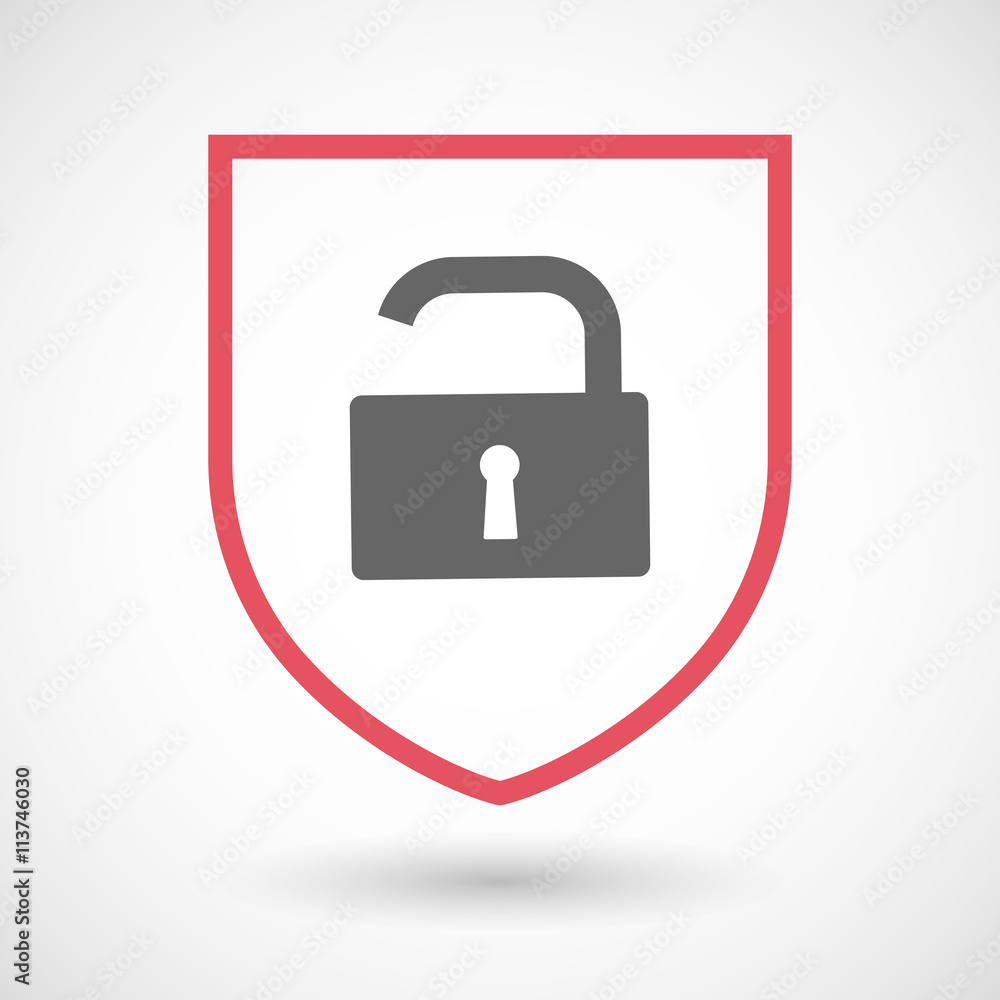 Isolated line art shield icon with an open lock pad Isolated line art shield icon with an open lock pad