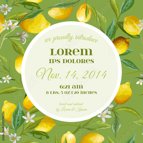 Baby Arrival or Shower Card - with Lemon Floral Design - in vector