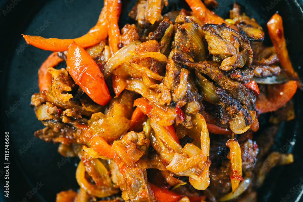 Beef fajitas and bell peppers and fried potatoes Beef fajitas and bell peppers and fried potatoes