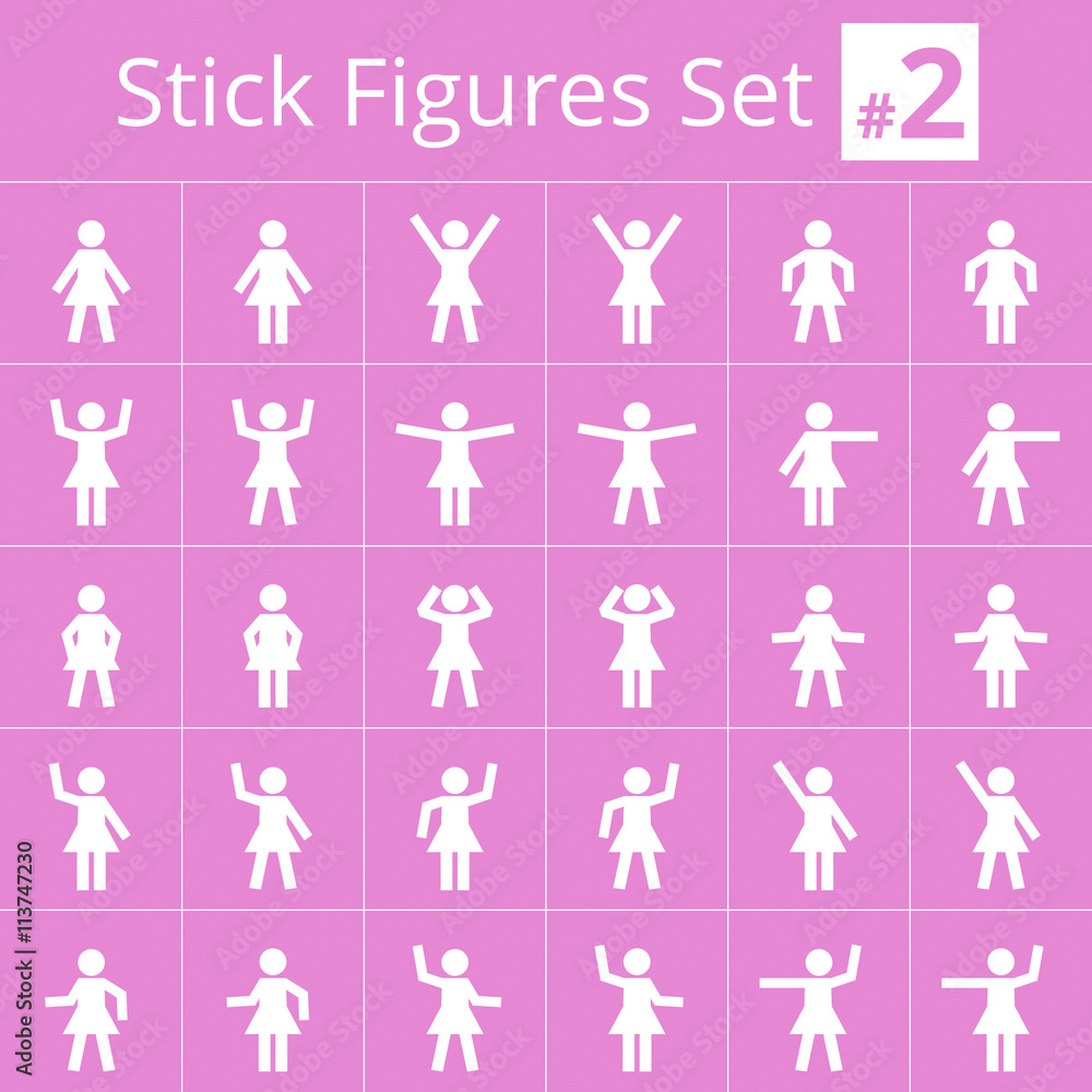 Vector stick figure icon set of female poses and gestures in various activity situations. Flat stick figure people elements with square ends. Suitable for infographics, diagrams, web, social networks. Vector stick figure icon set of female poses and gestures in various activity situations. Flat stick figure people elements with square ends. Suitable for infographics, diagrams, web, social networks.