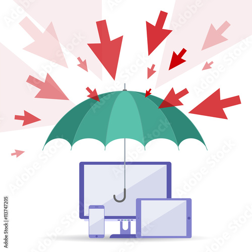 Hacker attack and safety digital technology concept. Vector flat illustration of cursors, umbrella, computers, telephone. Viruses attack, guard protects data. Element for web, brochure, presentation.
