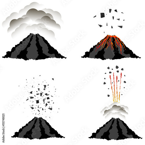 Volcano Erupting Icons Isolated on White Background. Peak of Mountain. Fiery Crater of Volcano.
