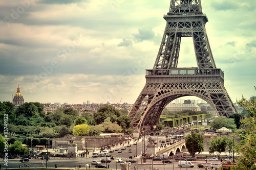 Panorama Eiffel Tower in Paris. France. Vintage view. Tour Eiffel old retro style. 