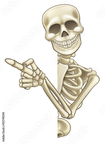 Skeleton Cartoon Peeking Round Sign and Pointing