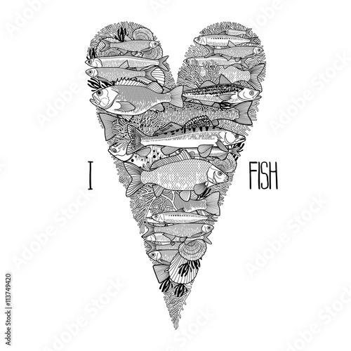Graphic ocean fish in the shape of heart