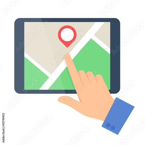 Business people travel concept. Flat vector illustration of a human hand and a map on a tablet computer screen. Man and pointer are pointing a place. Infographic elements isolated on white background.