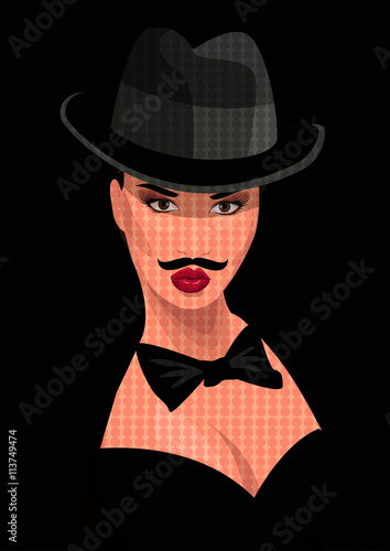 Vector illustration: sexy gangster girl in a man's suit with a mustache.