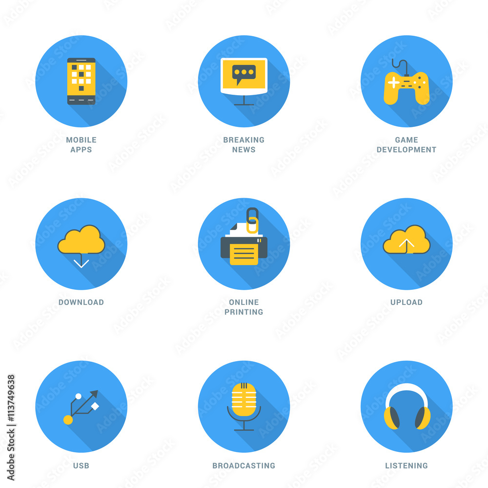 Fototapeta premium Set of Flat Design Icons With Long Shadow. Modile Apps, Game Development, Breaking News, Online Printing, Download, Upload, USB, Broadcasting, Listening. Vector Icons