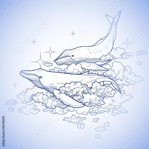 Graphic whales flying in the sky