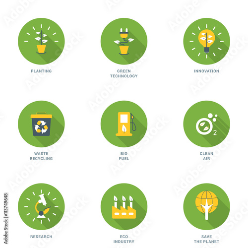 Set of Flat Design Ecology Icons With Long Shadow. Planting, Green Technology, Innovation, Waste Recycling, Bio Fuel, Clean Air, Research, Eco Industry, Save the Planet. Vector Icons