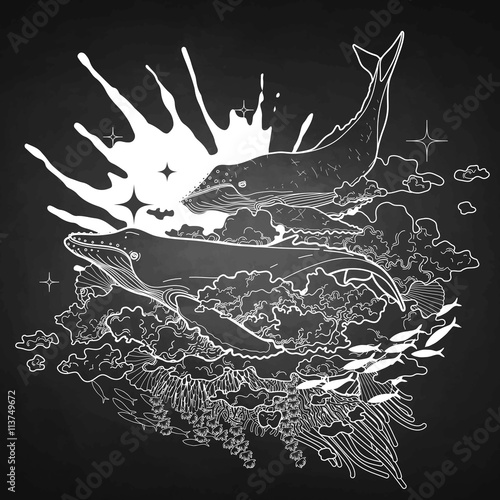 Graphic whales flying in the sky