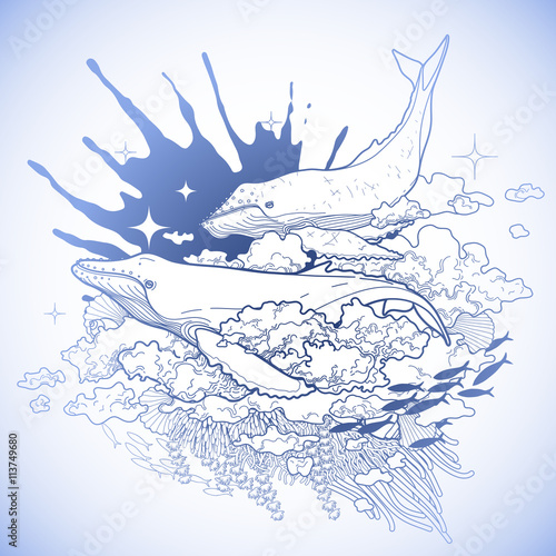 Graphic whales flying in the sky