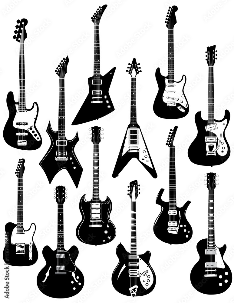 Fototapeta premium A set of twelve precisely drawn electric guitars