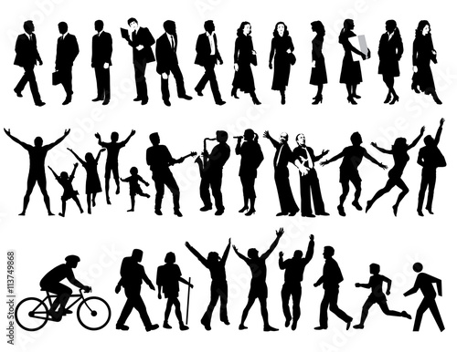 34 silhouettes of people in all kinds of activities