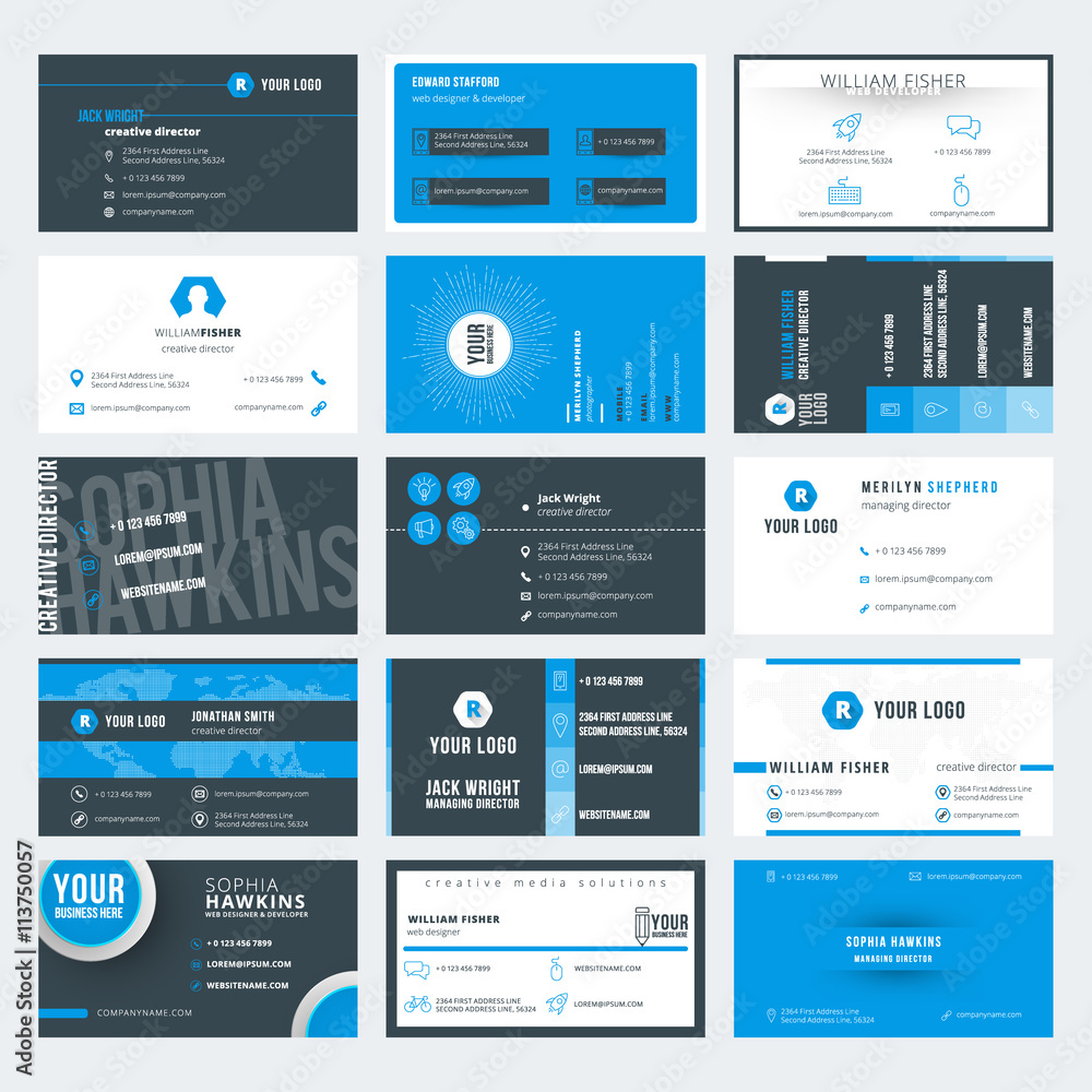 Set of modern creative business card templates. Blue and black colors. Flat style vector illustration. Stationery design