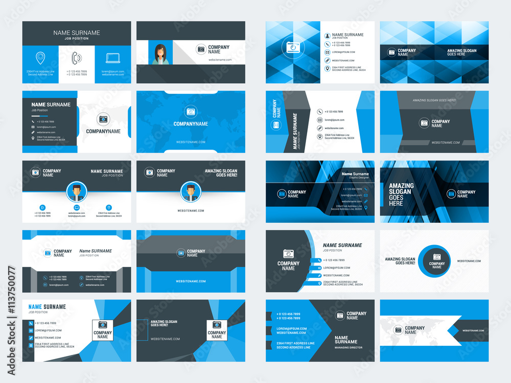 Set of modern creative business card templates. Blue and black colors. Flat style vector illustration. Stationery design Set of modern creative business card templates. Blue and black colors. Flat style vector illustration. Stationery design