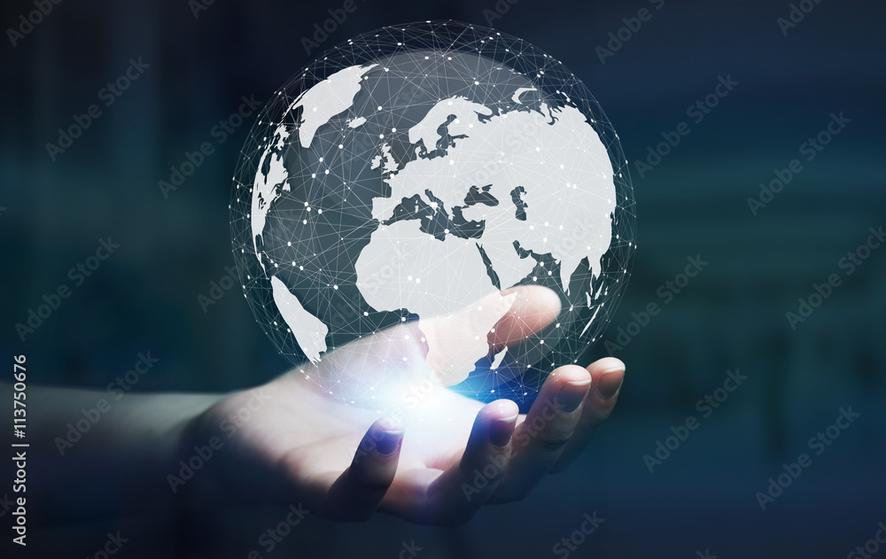 Businesswoman using digital tactile world interface with his fin