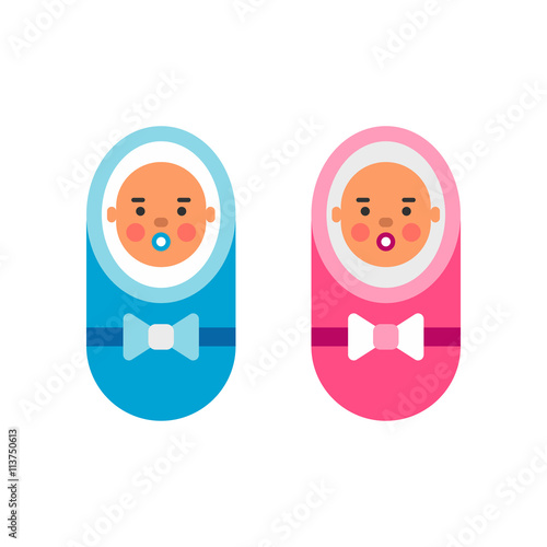 Colored flat vector illustration of baby girl in pink and baby boy in blue