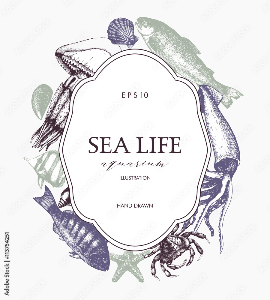 Naklejka premium Vector hand drawn design with seafood. Sketched frame with sea life illustration - mussels, fish, crab, starfish, squid, jellyfish. Vintage marine template. 