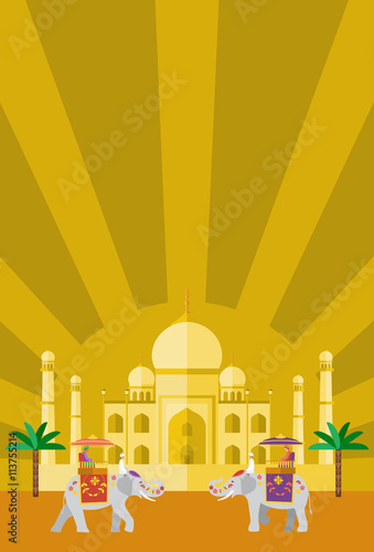 Flat design, Illustration of  people riding on elephant with Taj Mahal as a background