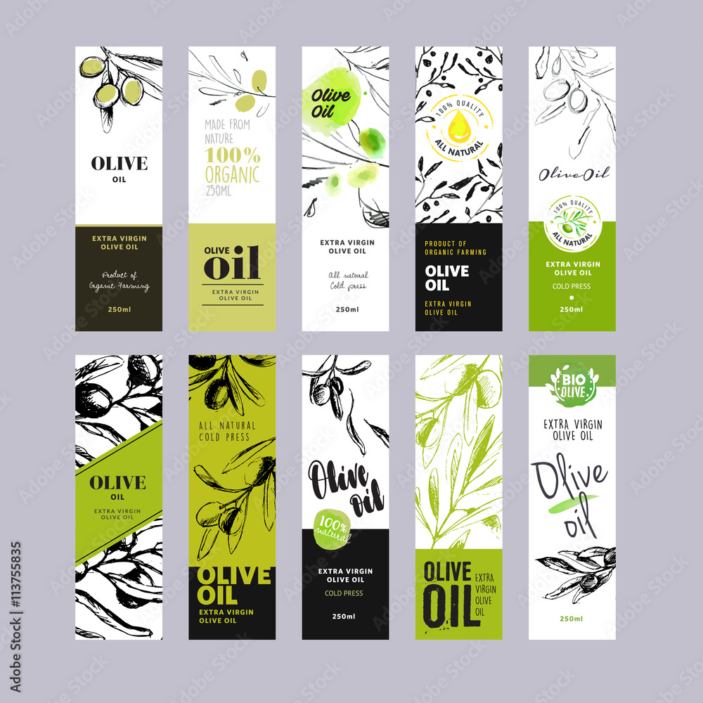 Olive oil labels collection. Hand drawn vector illustration templates