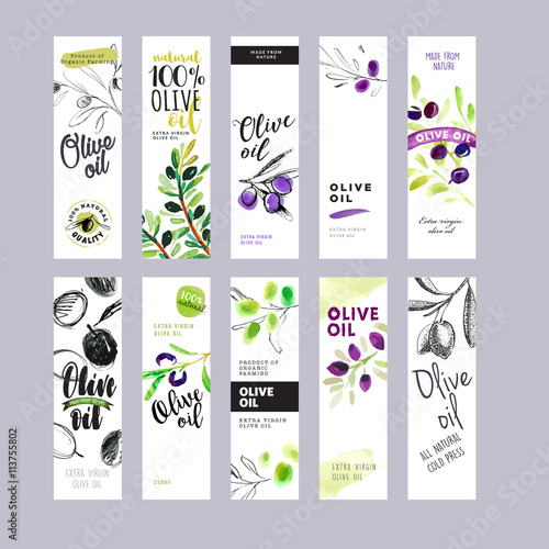 Set of olive oil labels. Ready to use hand drawn watercolor vector illustrations for olive oil packaging.