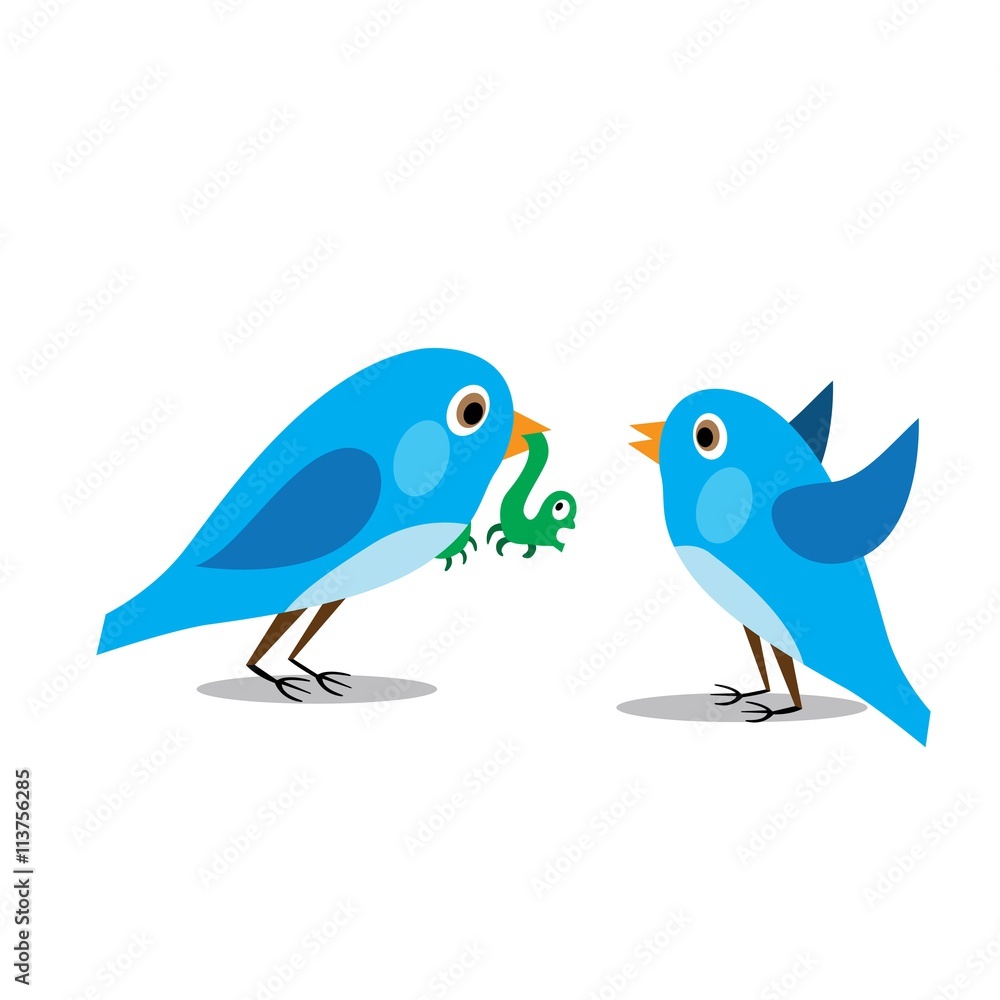 Fototapeta premium bird male caught a green caterpillar and brought another bird to the female, vector illustration cartoon