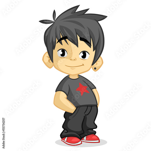 Cute little boy with black hair dressed in black standing and smiling. Vector cartoon kid character with hands in pockets