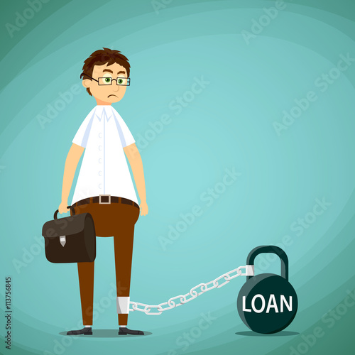 Man chained to the kettlebell with inscription loan. Stock Vecto