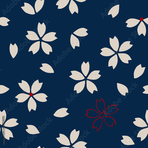 Seamless traditional Japanese sakura pattern, cherry blossom, ecru and red on navy blue background. Ethnic textile design.