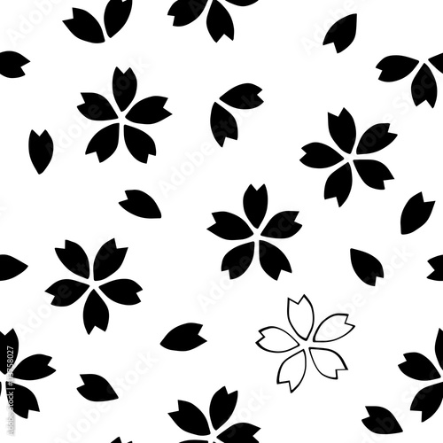 Seamless traditional Japanese sakura pattern, cherry blossom, black on white background. Ethnic textile design.