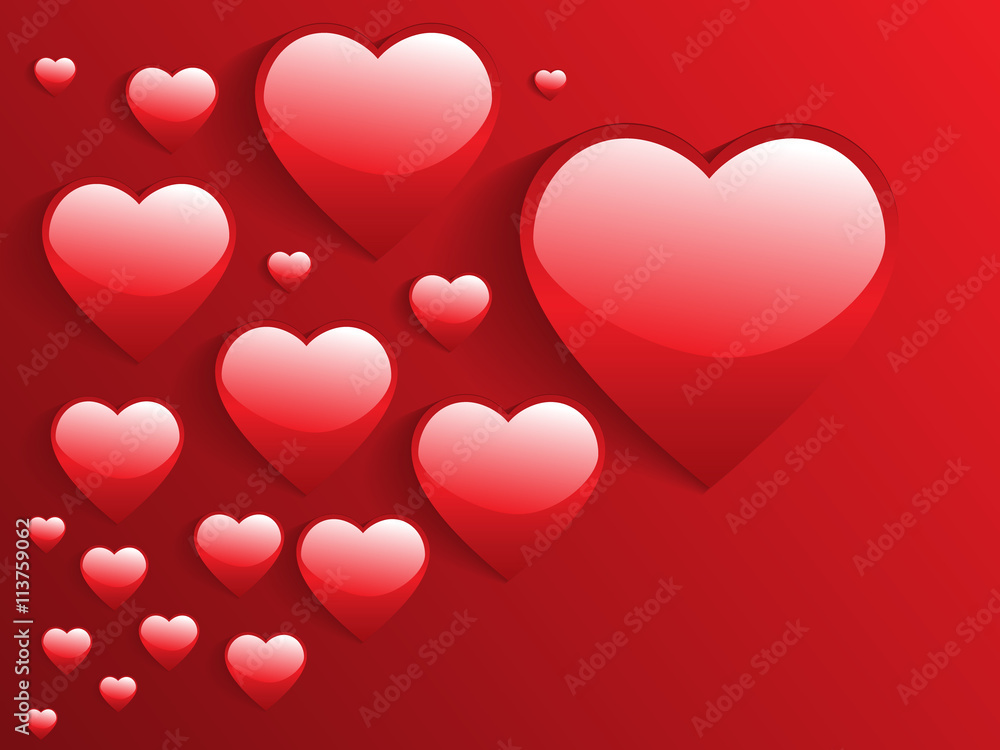 3d glossy hearts on red background