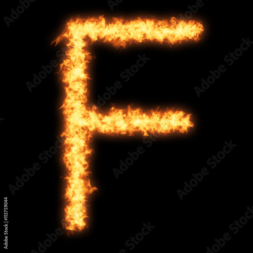 Capital letter F with fire on black background- Helvetica font based