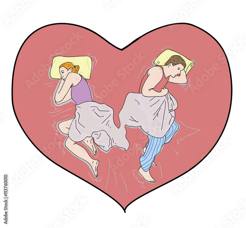 Naked couple in bed on the background of the heart. vector illustration