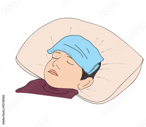 boy gets sick. lying on the bed with his eyes closed. vector illustration.