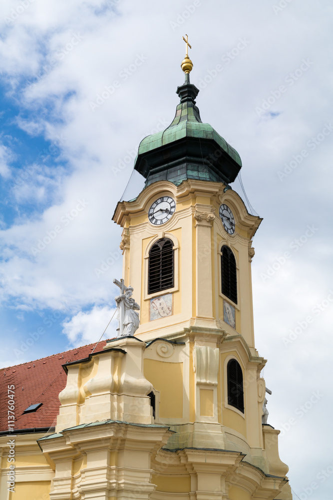 Tower of baroque Parish church in Laxenburg near Vienna, Lower Austria
