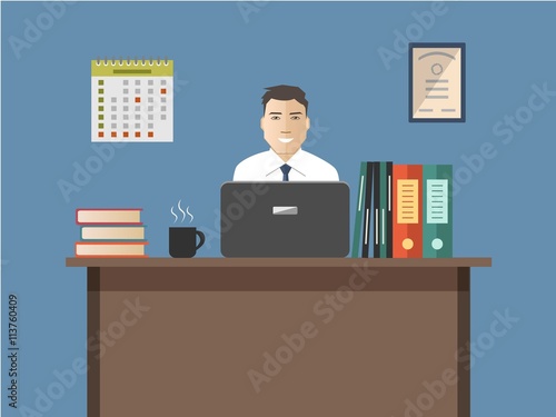Web banner of an office worker. The man is an employee at work. Vector flat illustration