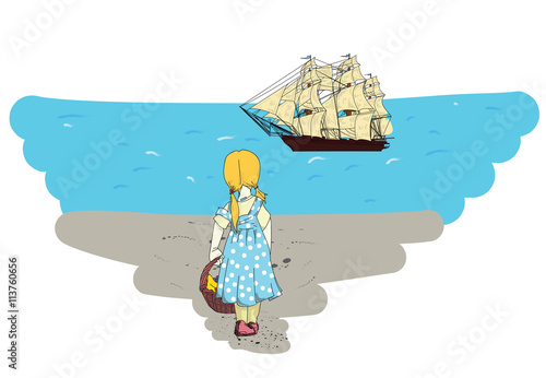Girl on the shore watching a ship at sea. vector illustration
