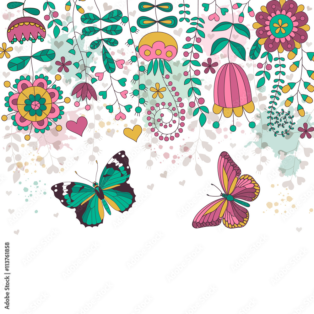 Vector card with flowers and butterflies Vector card with flowers and butterflies