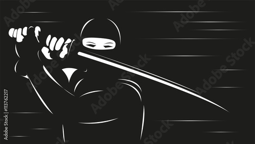Ninja. Vector illustration. Black and white view.