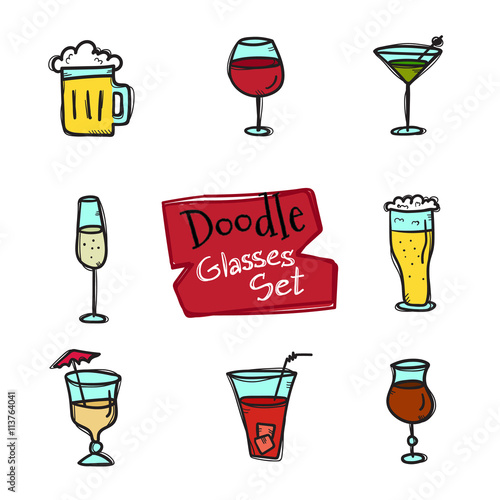 Vector doodle style glasses icons set. Hand drawn collection of drinks